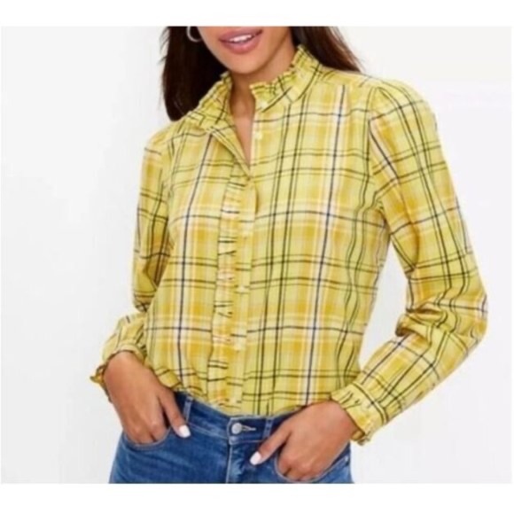 LOFT Tops - LOFT Yellow with Green Plaid Ruffle button down cuffed long sleeve Blouse Large